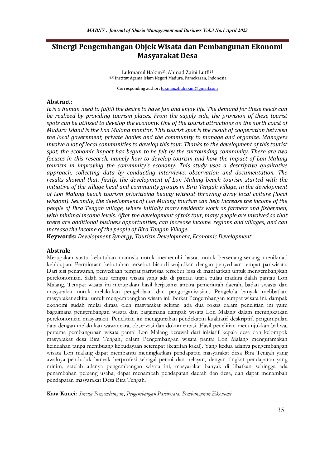 JURIS Sinergi Pengembangan Objek Wisata dan Pembangunan Ekonomi Masyarakat Desa