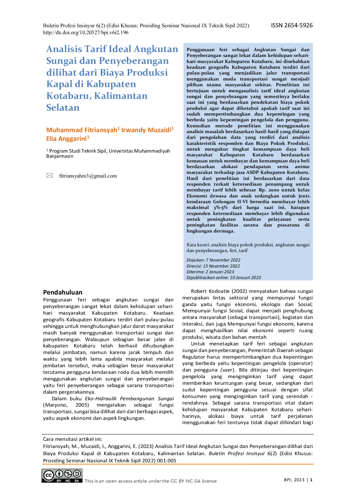JURIS Analisis Tarif Ideal Angkutan Sungai dan Penyeberangan dilihat dari Biaya Produksi Kapal di Kabupaten Kotabaru Kalimantan Selatan