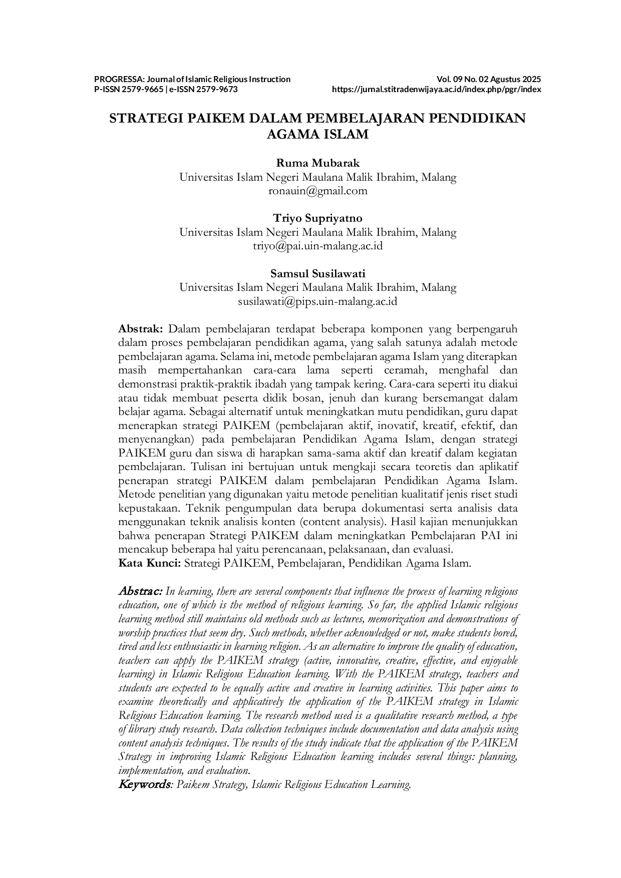 JURIS Strategi PAIKEM dalam Pembelajaran Pendidikan Agama Islam