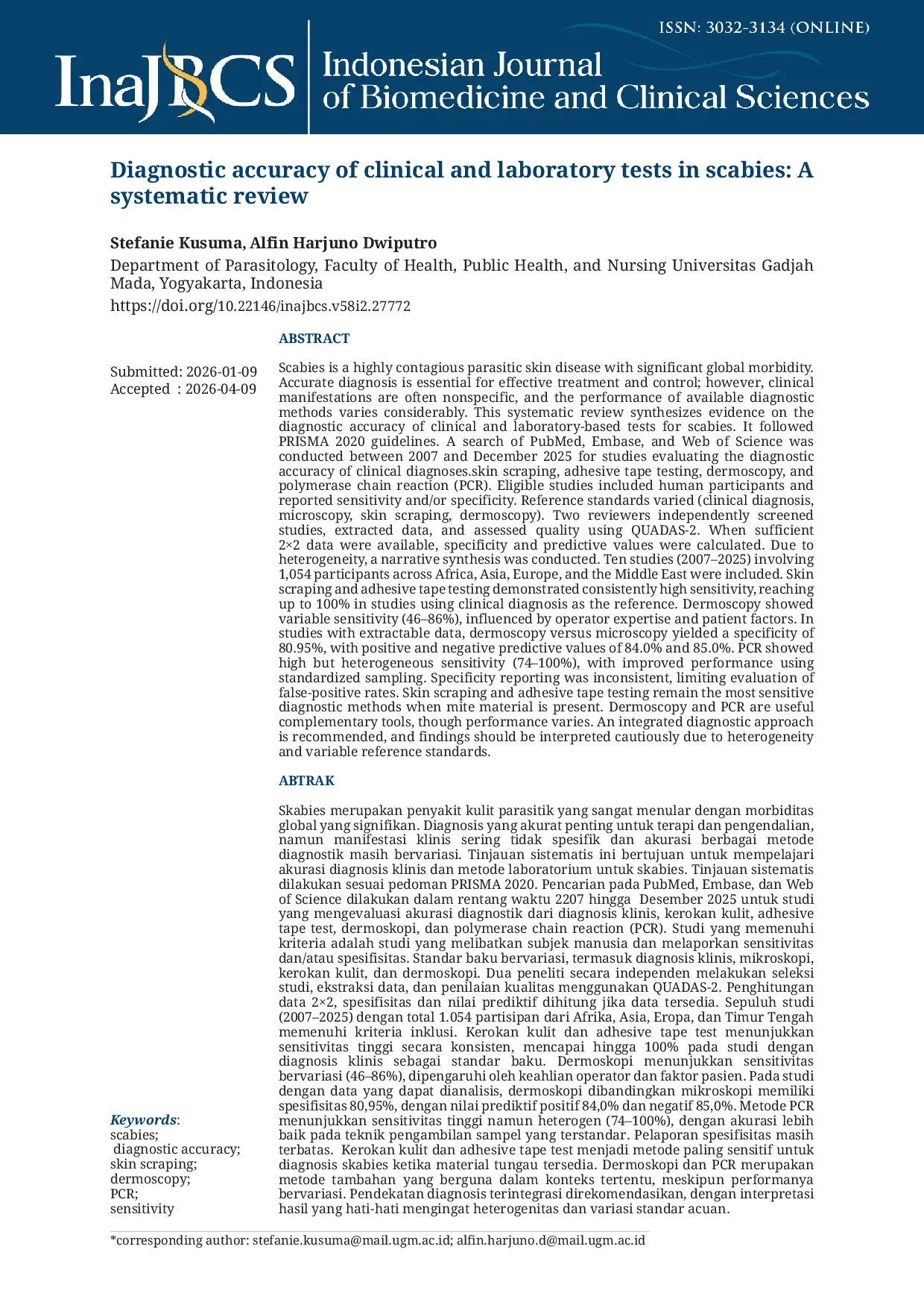 JURIS Diagnostic accuracy of clinical and laboratory tests in scabies A systematic review