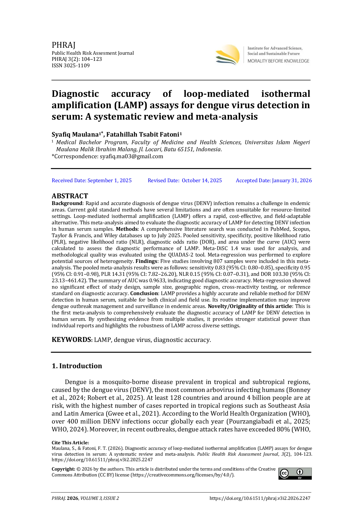 JURIS Diagnostic accuracy of loop mediated isothermal amplification LAMP assays for dengue virus detection in serum A systematic review and meta analysis