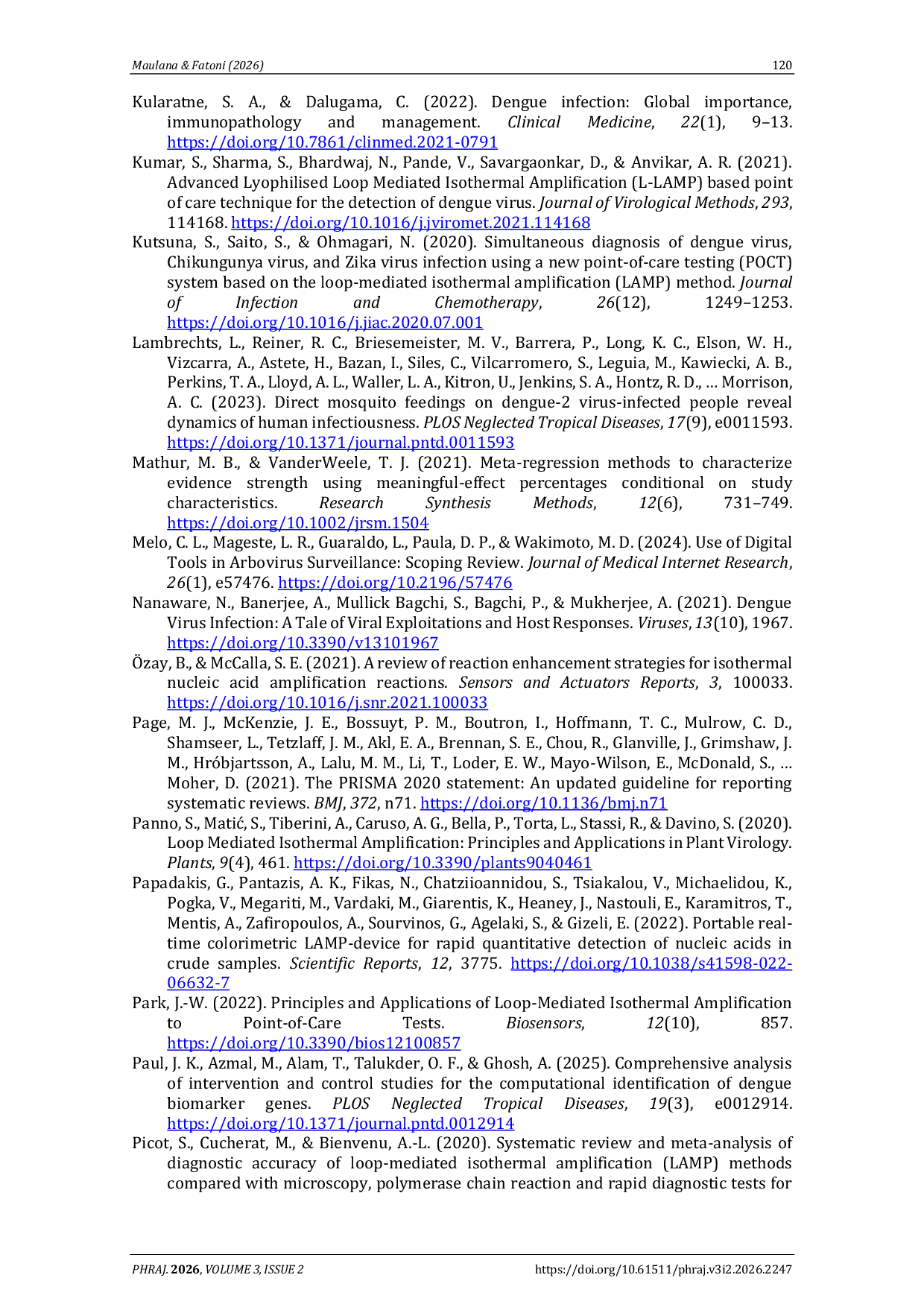 JURIS Diagnostic accuracy of loop mediated isothermal amplification LAMP assays for dengue virus detection in serum A systematic review and meta analysis