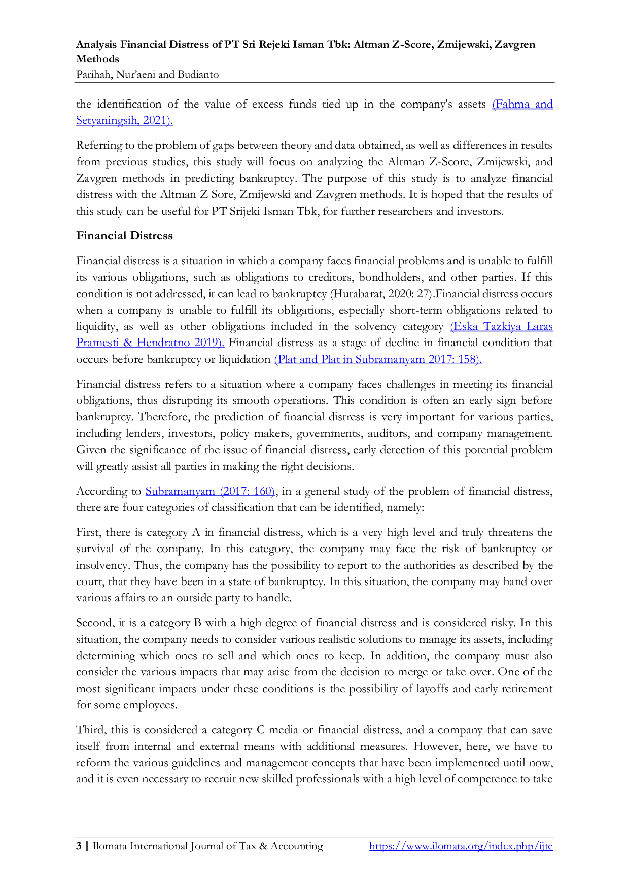 JURIS Analysis Financial Distress of PT Sri Rejeki Isman Tbk Altman Z Score Zmijewski Zavgren Methods