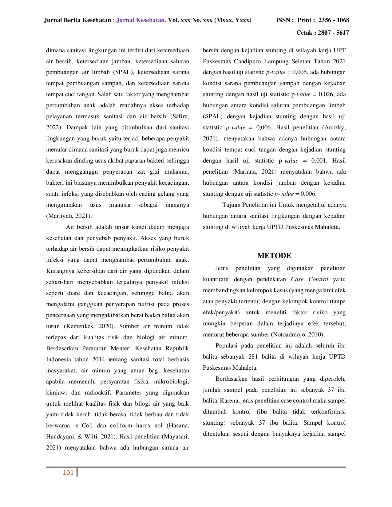 JURIS Hubungan Sanitasi Lingkungan Dengan Kejadian Stunting Di Wilayah Kerja UPTD Puskesmas Mahaleta Kabupaten Maluku Barat Daya Provinsi Maluku