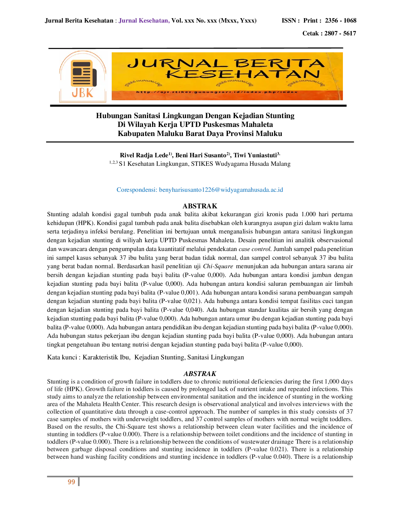 JURIS Hubungan Sanitasi Lingkungan Dengan Kejadian Stunting Di Wilayah Kerja UPTD Puskesmas Mahaleta Kabupaten Maluku Barat Daya Provinsi Maluku