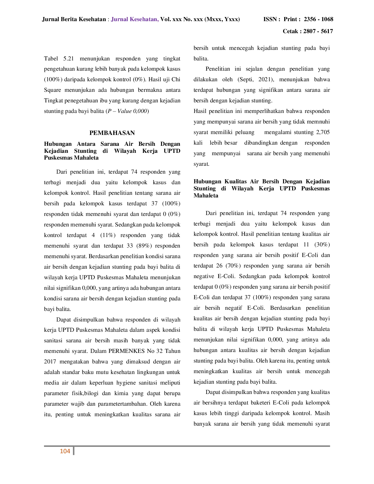 JURIS Hubungan Sanitasi Lingkungan Dengan Kejadian Stunting Di Wilayah Kerja UPTD Puskesmas Mahaleta Kabupaten Maluku Barat Daya Provinsi Maluku