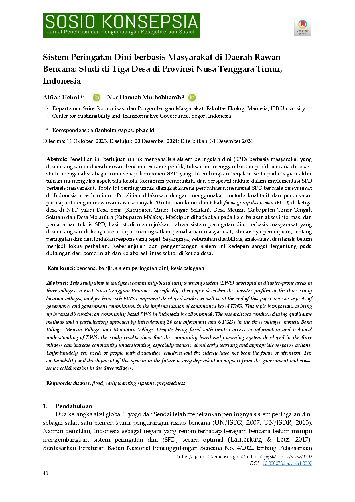 juris Sistem Peringatan Dini berbasis Masyarakat di Daerah Rawan Bencana Studi di Tiga Desa di Provinsi Nusa Tenggara Timur Indonesia