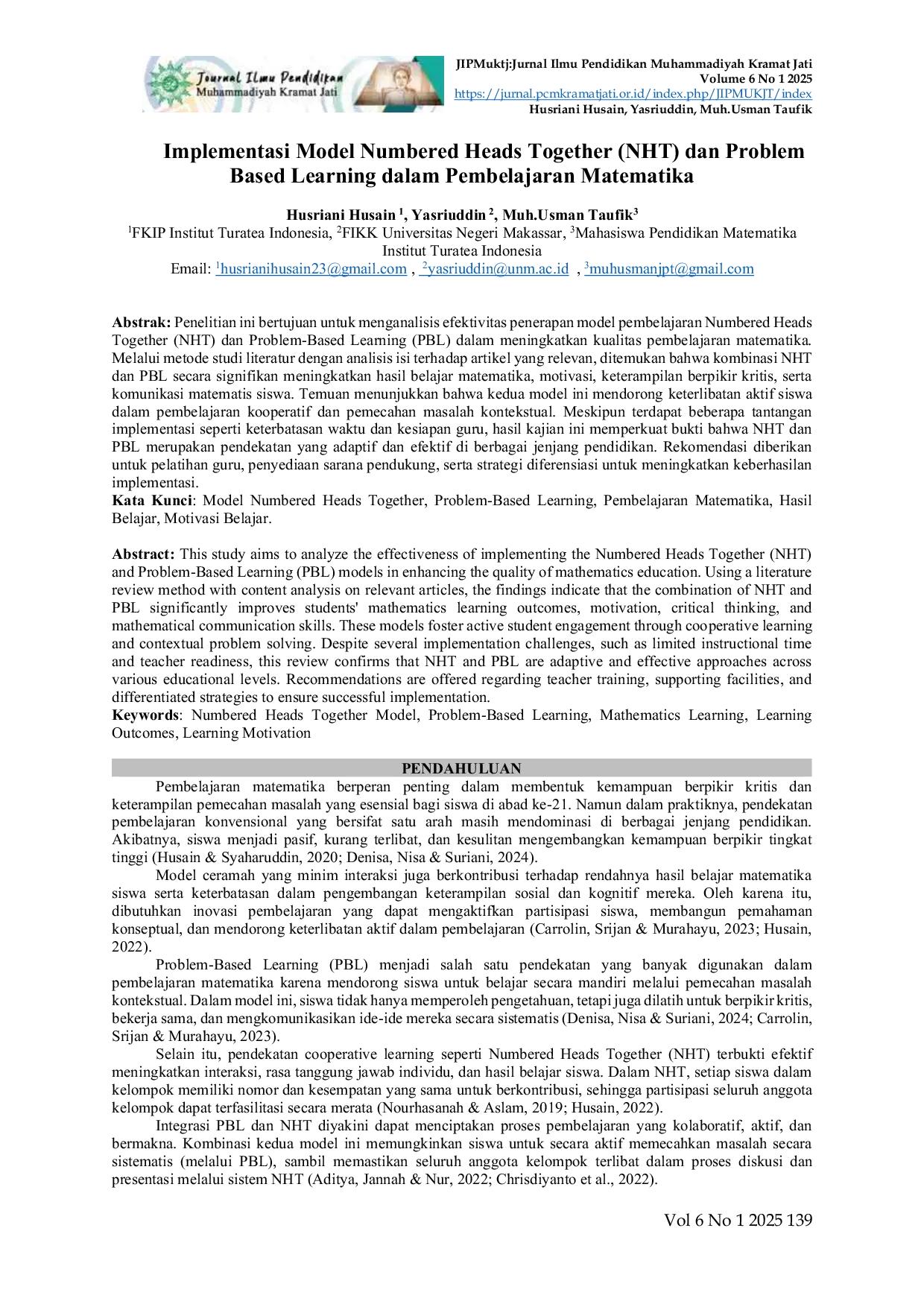 JURIS Implementasi Model Numbered Heads Together NHT dan Problem Based Learning dalam Pembelajaran Matematika