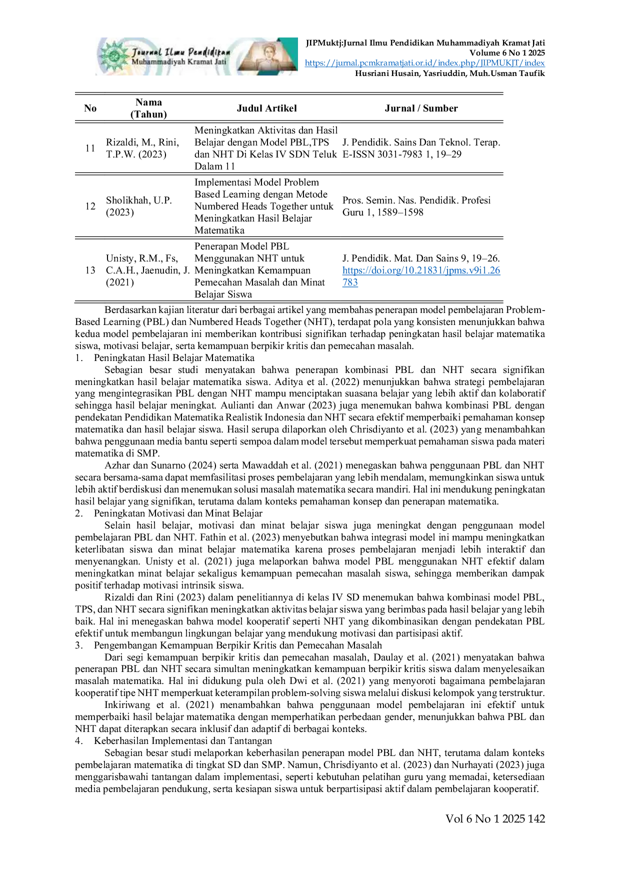 JURIS Implementasi Model Numbered Heads Together NHT dan Problem Based Learning dalam Pembelajaran Matematika