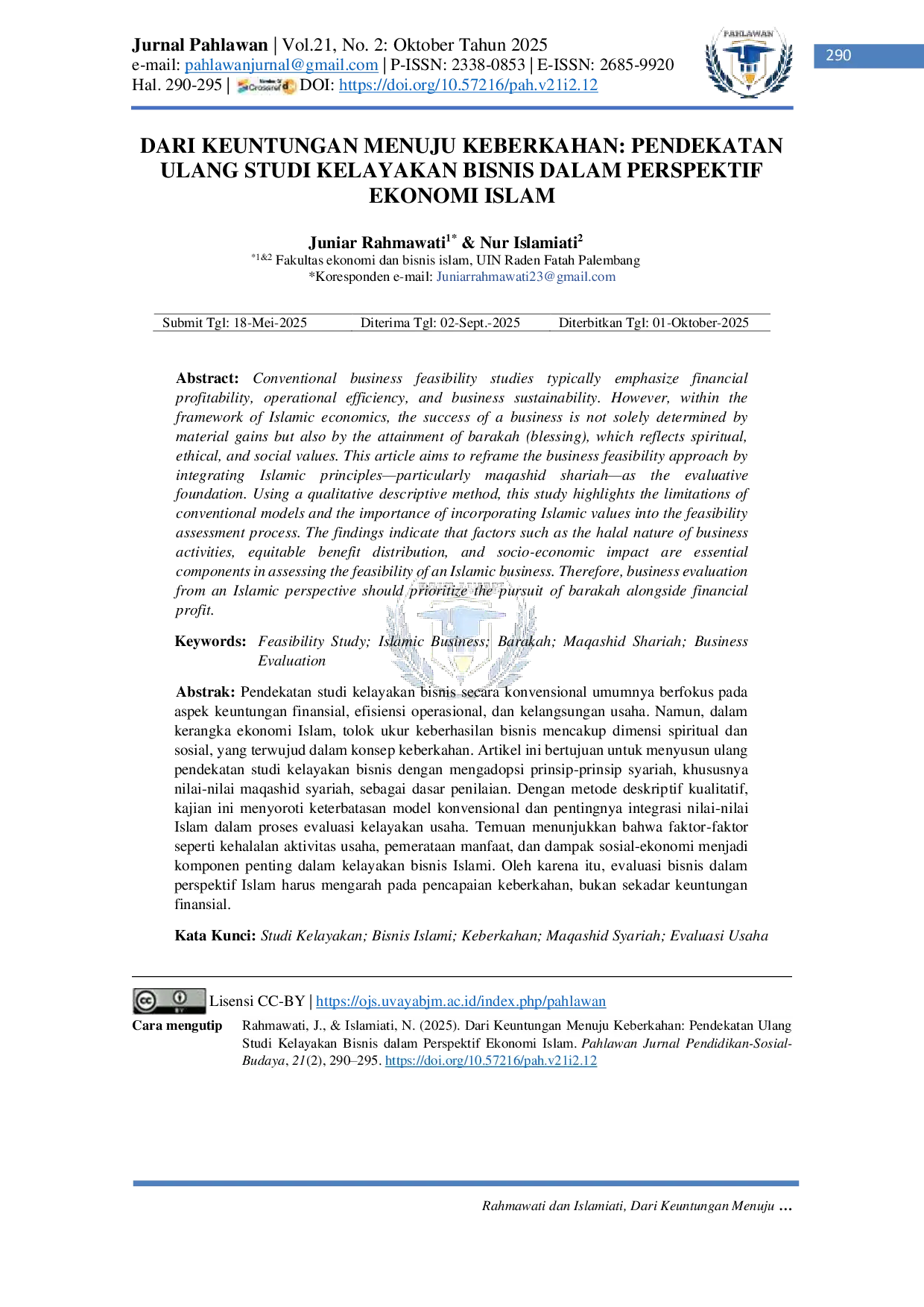 JURIS Dari Keuntungan Menuju Keberkahan Pendekatan Ulang Studi Kelayakan Bisnis dalam Perspektif Ekonomi Islam