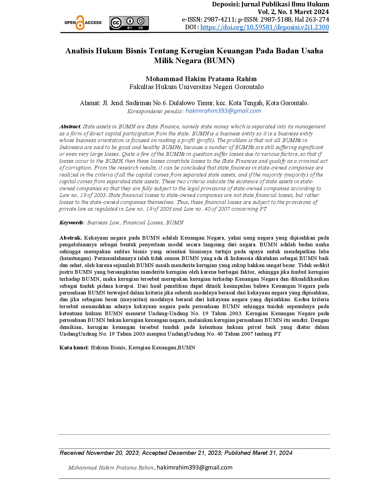 juris Analisis Hukum Bisnis Tentang Kerugian Keuangan Pada Badan Usaha Milik Negara BUMN