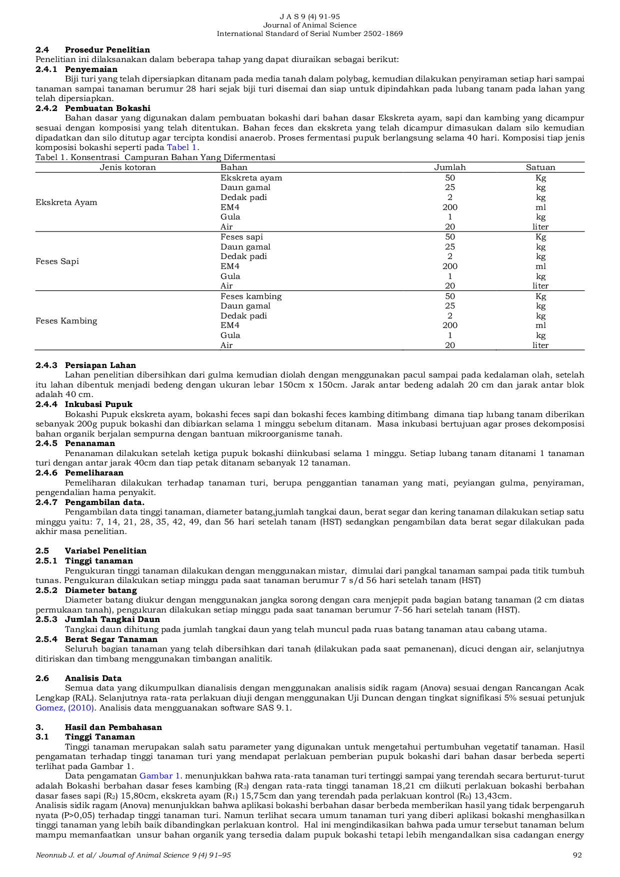 JURIS Nilai Pertumbuhan dan Produksi Turi Sesbania glandiflora Fase Awal pada Aplikasi Bahan Organik dari Feces Ternak yang Telah diperkaya