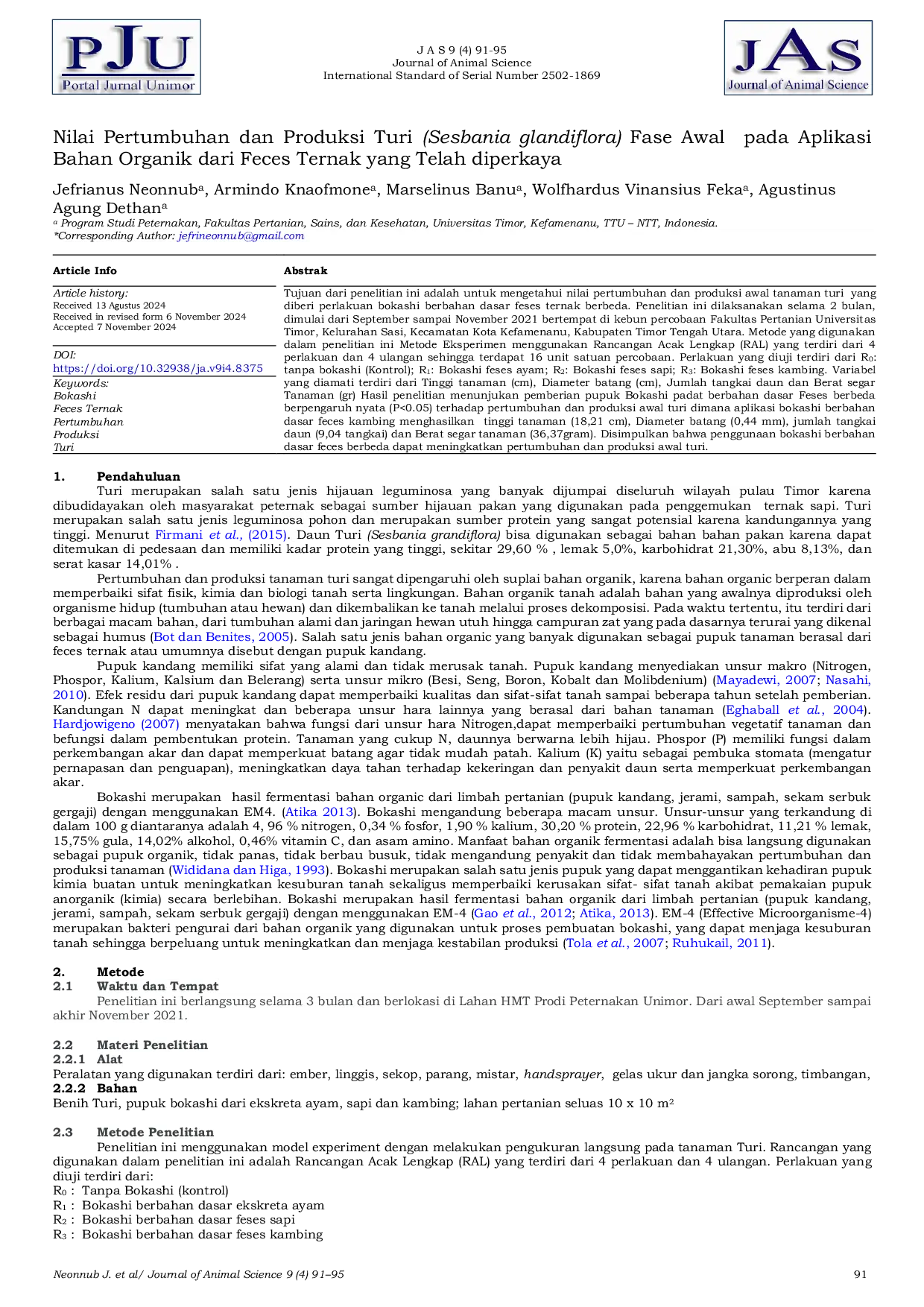 JURIS Nilai Pertumbuhan dan Produksi Turi Sesbania glandiflora Fase Awal pada Aplikasi Bahan Organik dari Feces Ternak yang Telah diperkaya