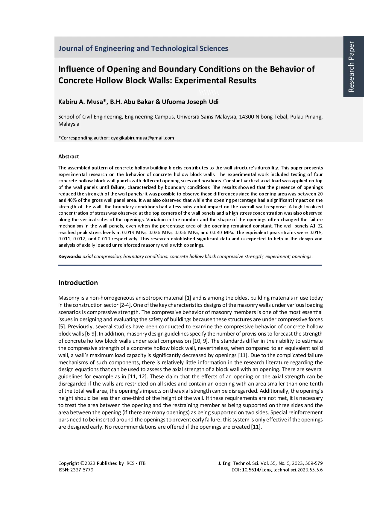 juris Influence of Opening and Boundary Conditions on the Behavior of Concrete Hollow Block Walls Experimental Results
