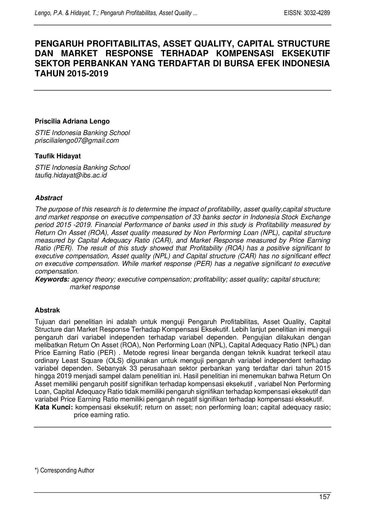 JURIS Pengaruh Profitabilitas Asset Quality Capital Structure Dan Market Response Terhadap Kompensasi Eksekutif Sektor Perbankan Yang Terdaftar Di Bursa Efek Indonesia Tahun 2015 2019