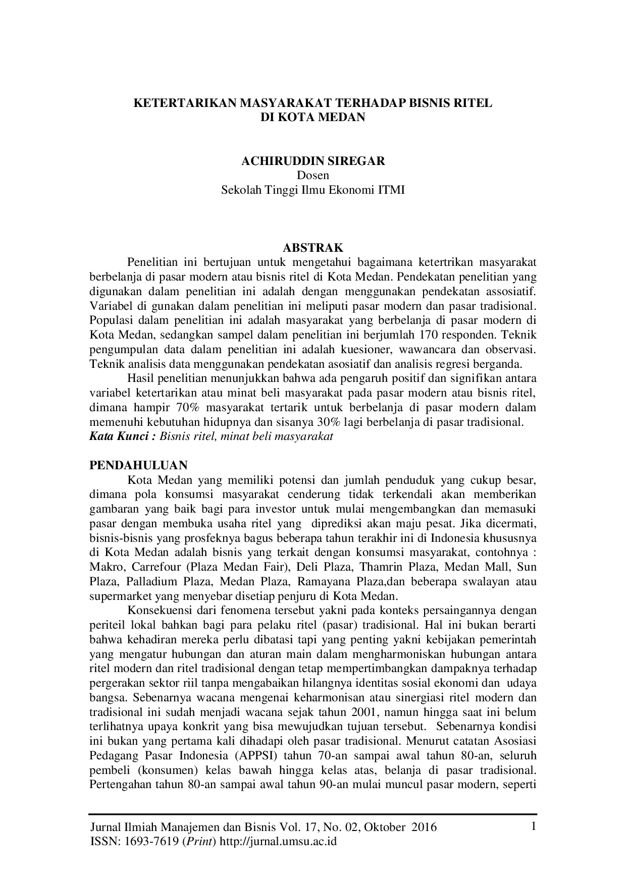 JURIS Ketertarikan Masyarakat Terhadap Bisnis Ritel Di Kota Medan