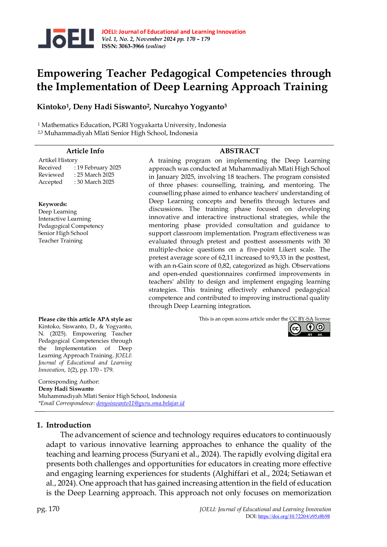 JURIS Empowering Teacher Pedagogical Competencies through the Implementation of Deep Learning Approach Training