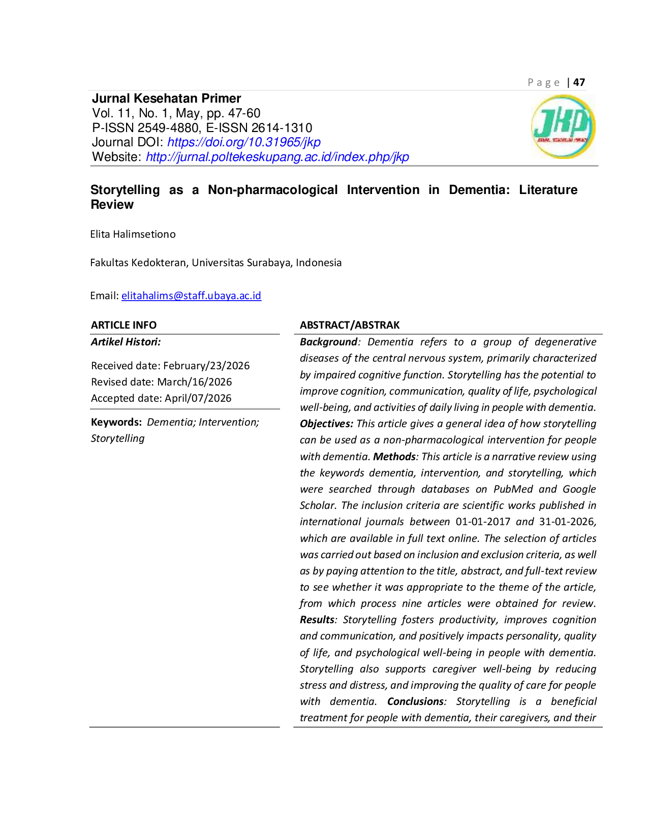 JURIS Storytelling as a Non pharmacological Intervention in Dementia Literature Review