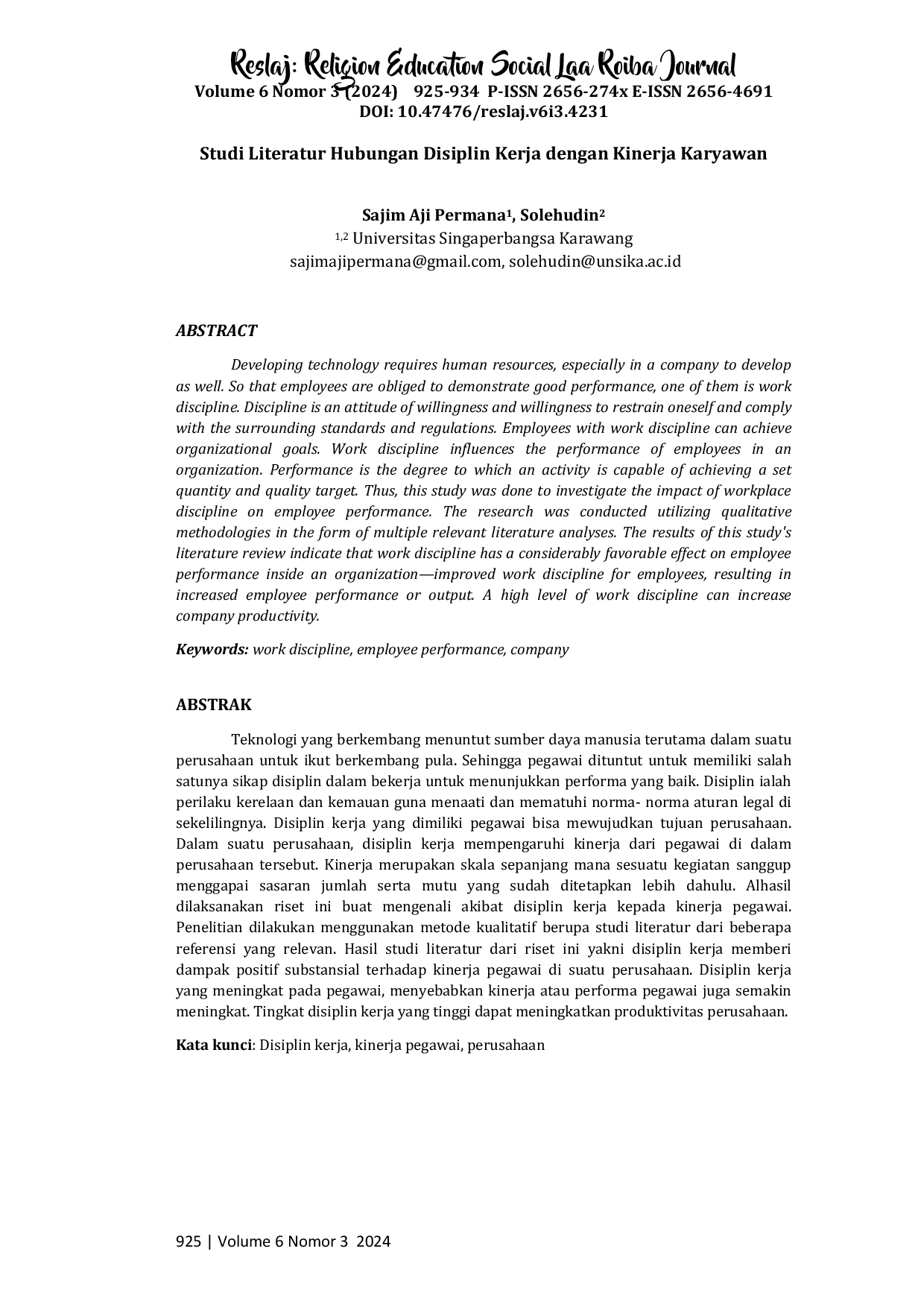 JURIS Studi Literatur Hubungan Disiplin Kerja dengan Kinerja Karyawan