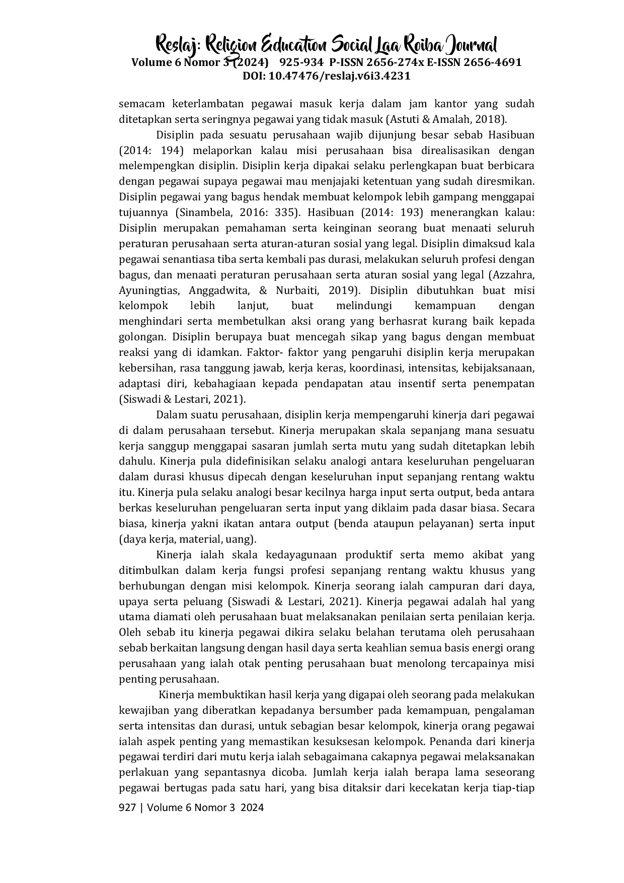 JURIS Studi Literatur Hubungan Disiplin Kerja dengan Kinerja Karyawan