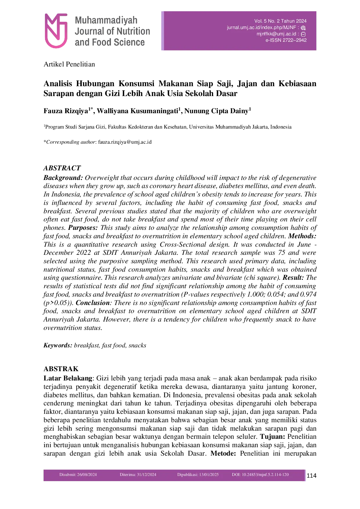 JURIS Analisis Hubungan Konsumsi Makanan Siap Saji Jajan dan Kebiasaan Sarapan dengan Gizi Lebih Anak Usia Sekolah Dasar