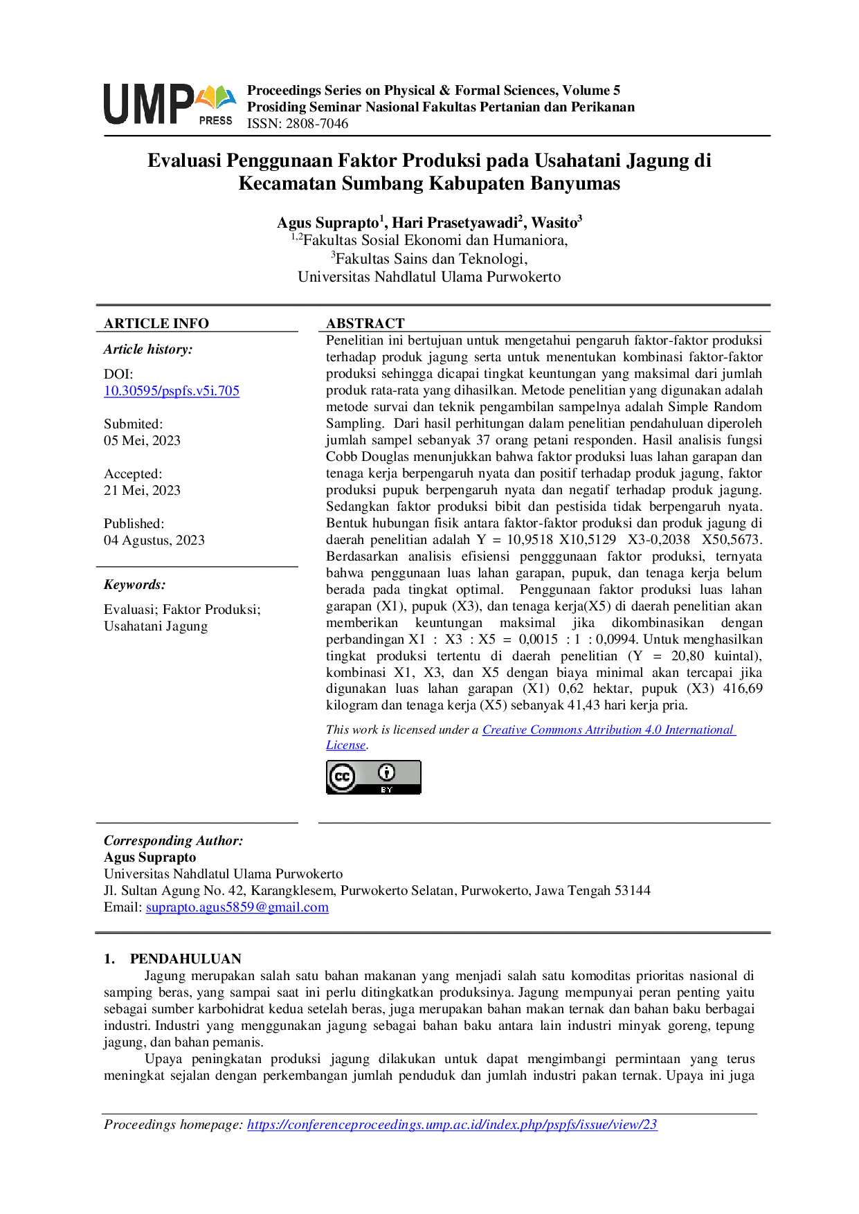 JURIS Evaluasi Penggunaan Faktor Produksi pada Usahatani Jagung di Kecamatan Sumbang Kabupaten Banyumas