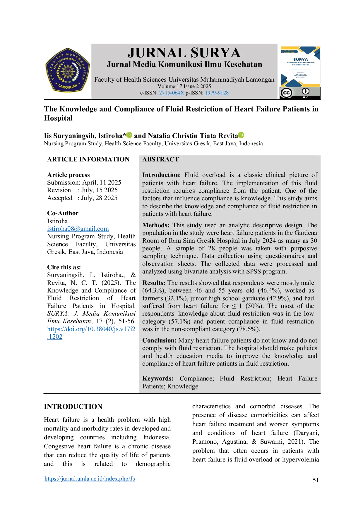 JURIS The Knowledge and Compliance of Fluid Restriction of Heart Failure Patients in Hospital