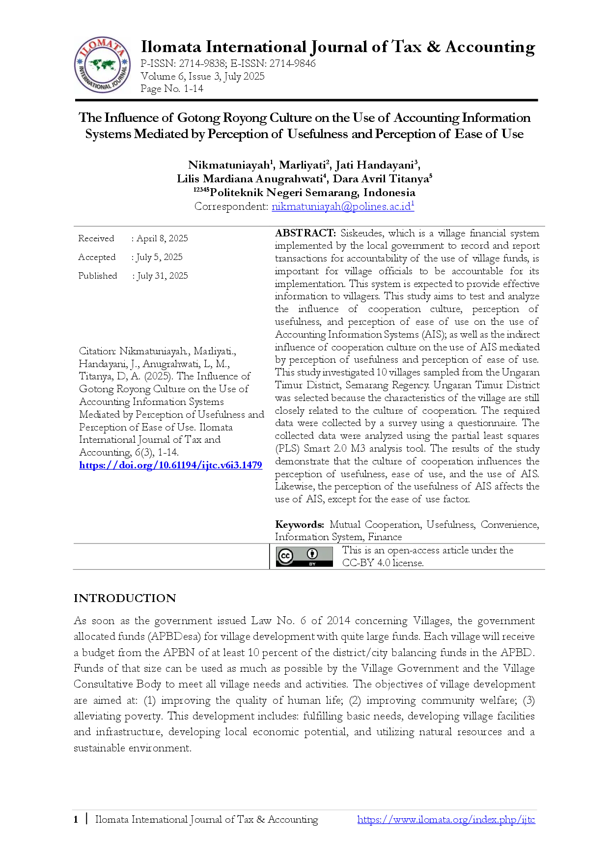 juris The Influence of Gotong Royong Culture on the Use of Accounting Information Systems Mediated by Perception of Usefulness and Perception of Ease of Use