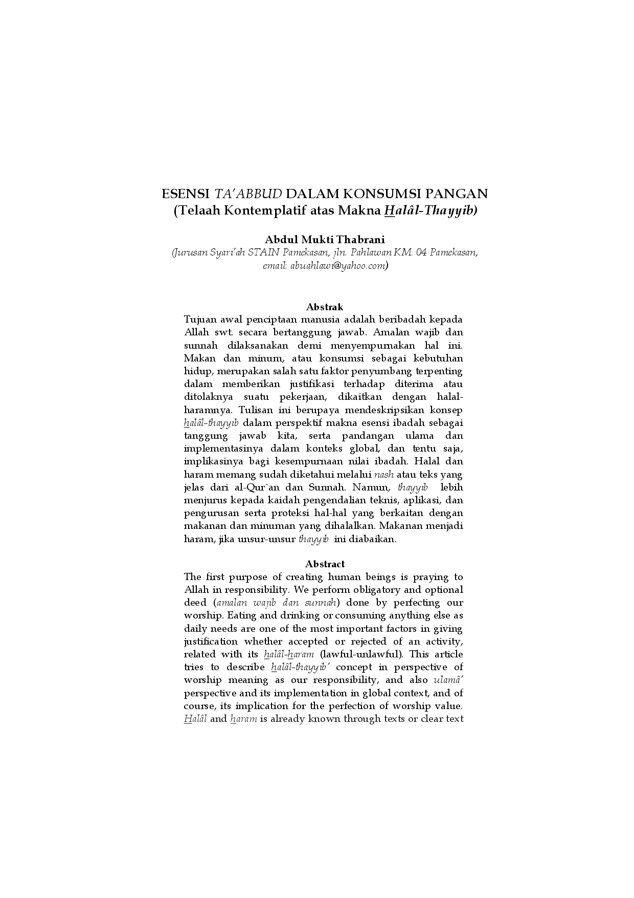 juris ESENSI TA ABBUD DALAM KONSUMSI PANGAN Telaah Kontemplatif atas Makna Hal l Thayyib