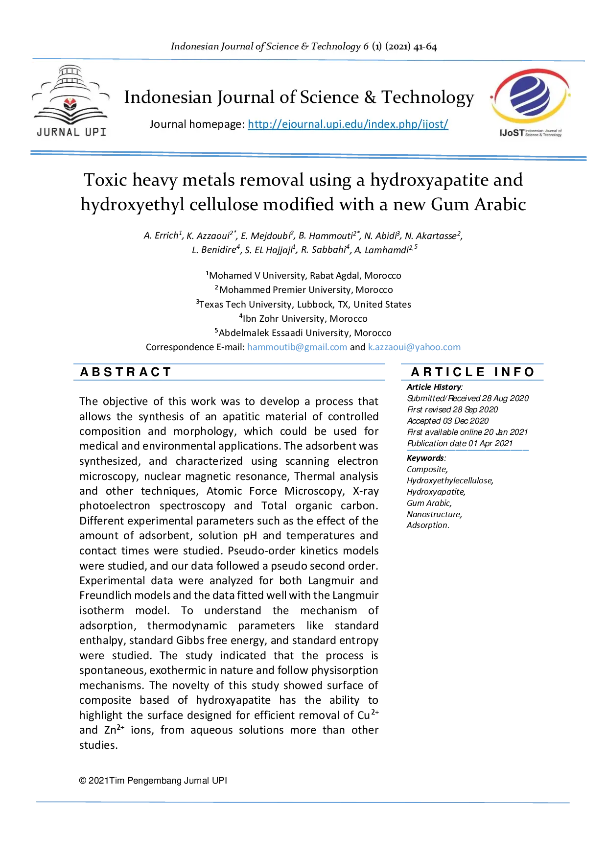 juris Toxic heavy metals removal using a hydroxyapatite and hydroxyethyl cellulose modified with a new Gum Arabic