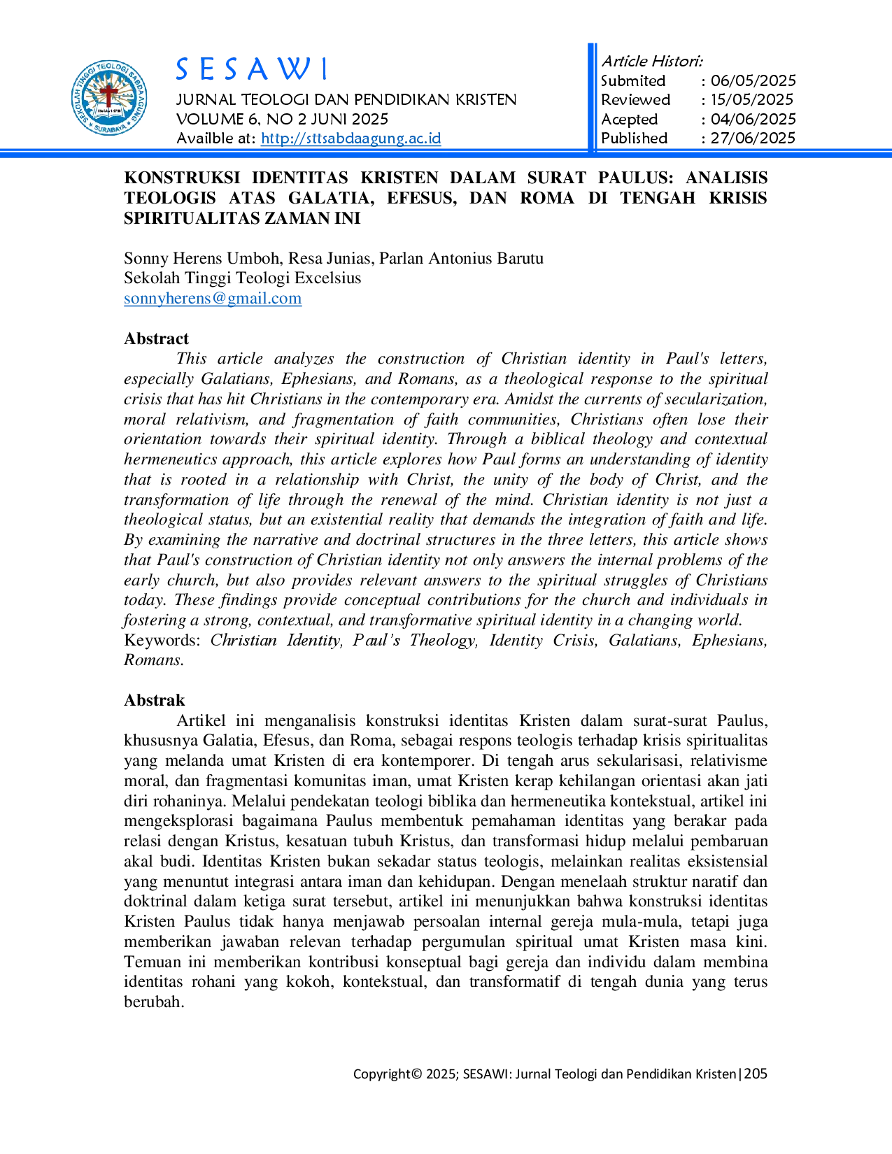 juris Konstruksi Identitas Kristen dalam Surat Paulus Analisis Teologis Atas Galatia Efesus Dan Roma di Tengah Krisis Spiritualitas Zaman Ini