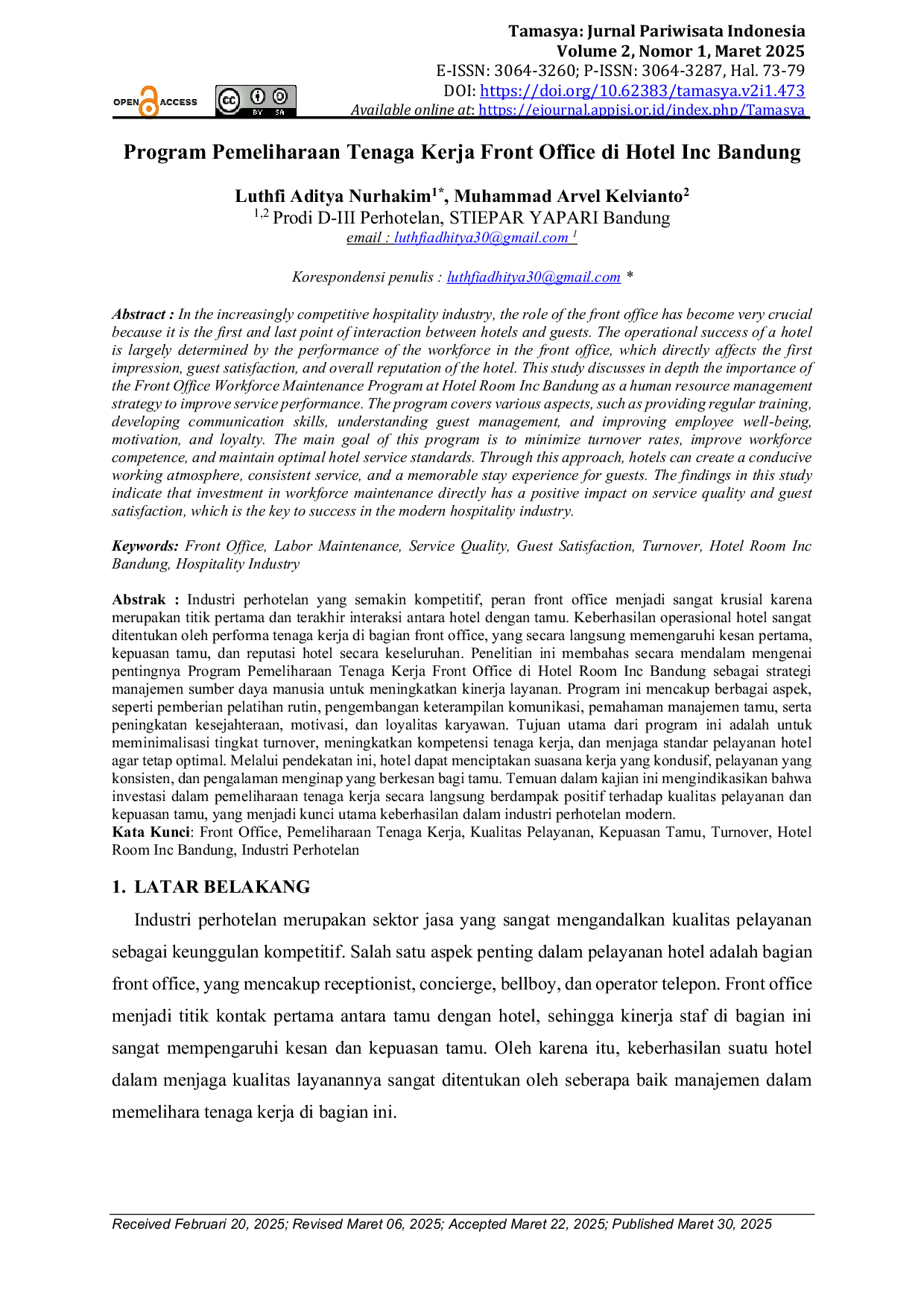 JURIS Program Pemeliharaan Tenaga Kerja Front Office di Hotel Inc Bandung