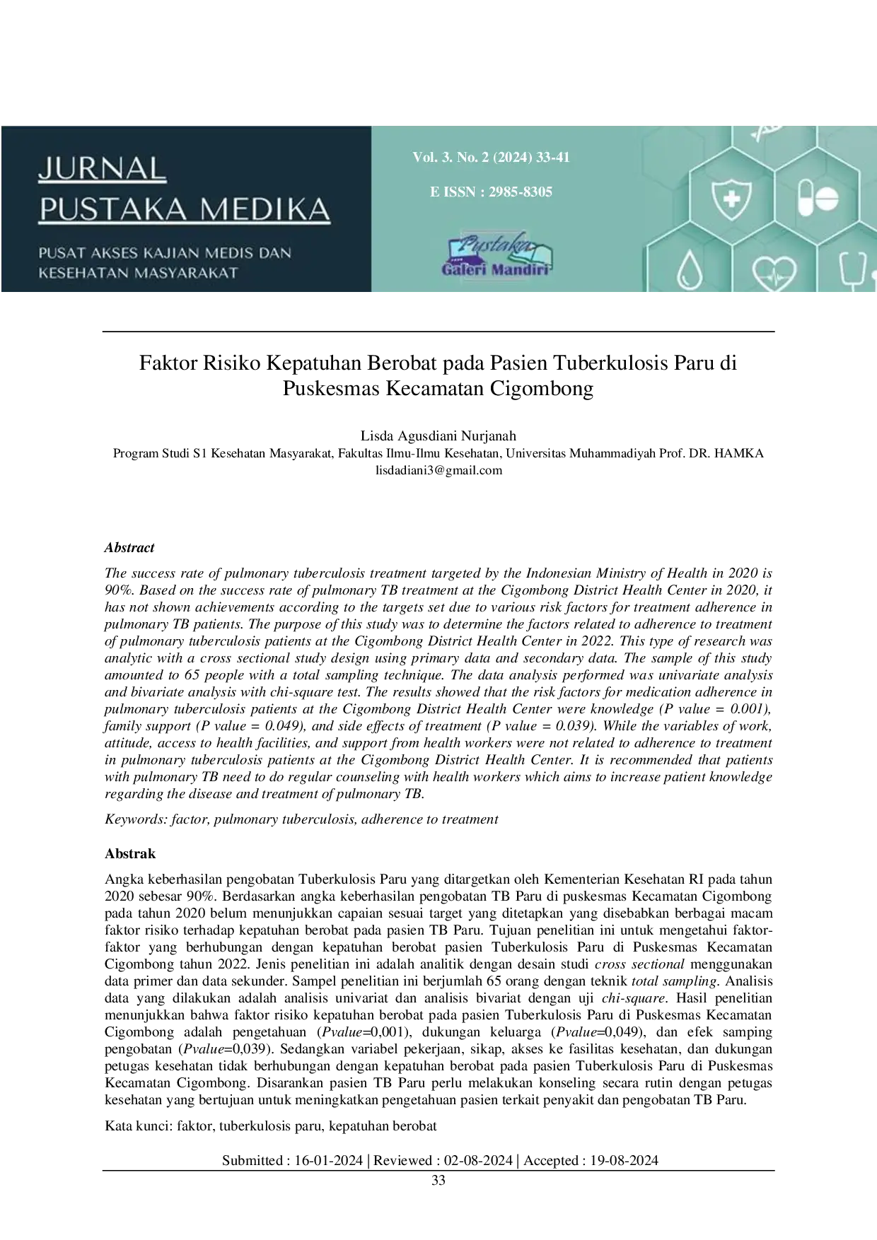JURIS Faktor Risiko Kepatuhan Berobat pada Pasien Tuberkulosis Paru di Puskesmas Kecamatan Cigombong