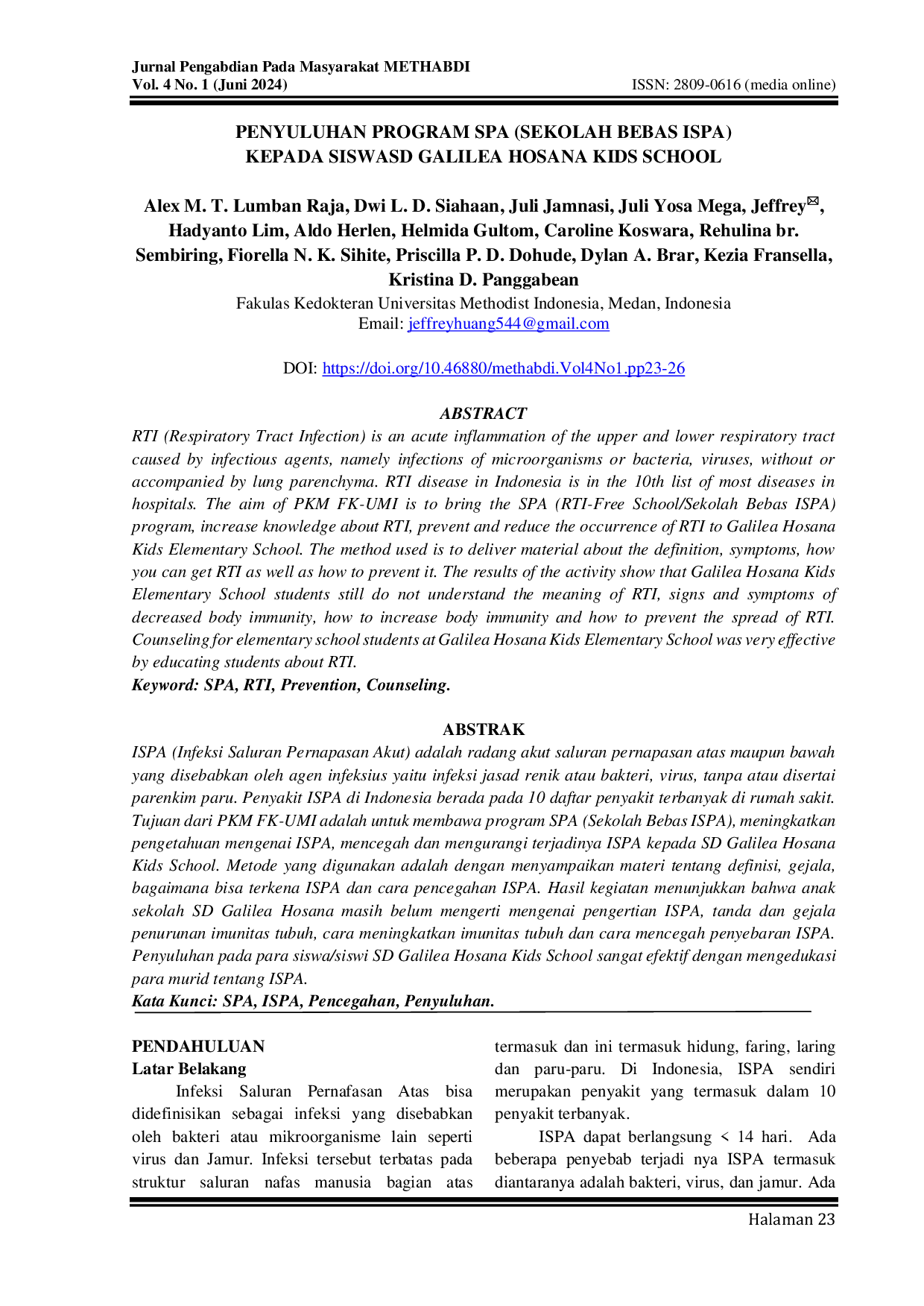 JURIS Penyuluhan Program SPA Sekolah Bebas Ispa Kepada Siswa SD Galilea Hosana Kids School