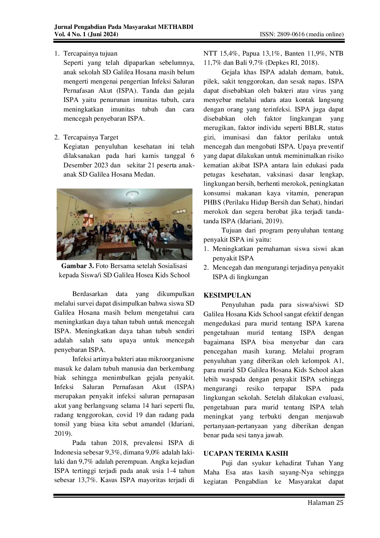 JURIS Penyuluhan Program SPA Sekolah Bebas Ispa Kepada Siswa SD Galilea Hosana Kids School