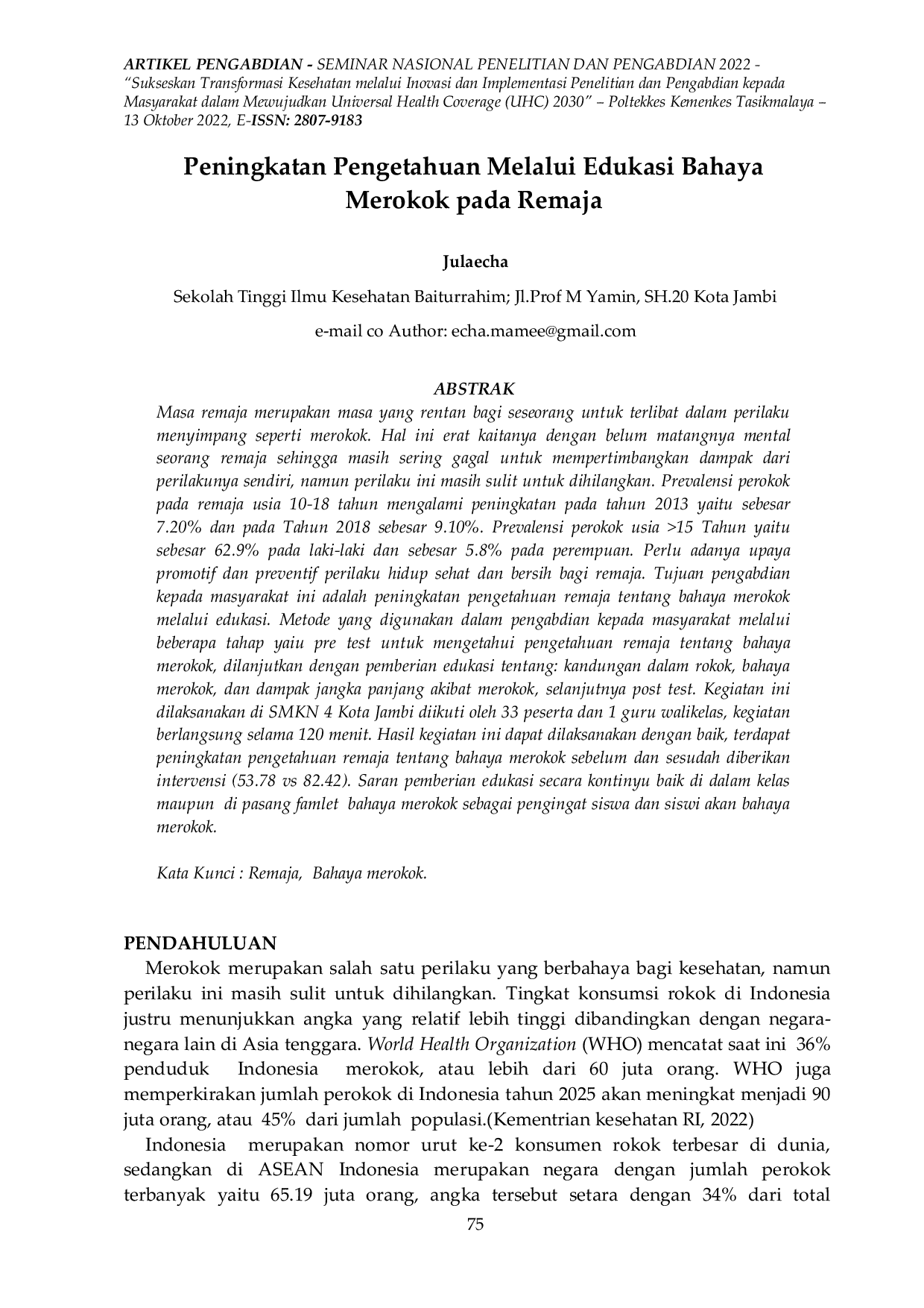 JURIS Peningkatan Pengetahuan Melalui Edukasi Bahaya Merokok pada Remaja