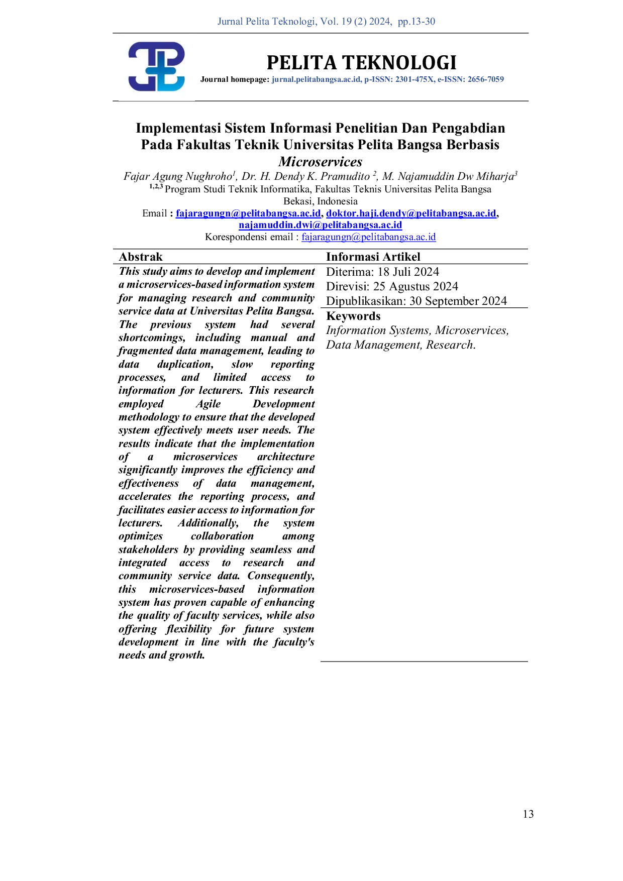 JURIS Implementasi Sistem Informasi Penelitian Dan Pengabdian Pada Fakultas Teknik Universitas Pelita Bangsa Berbasis Microservices