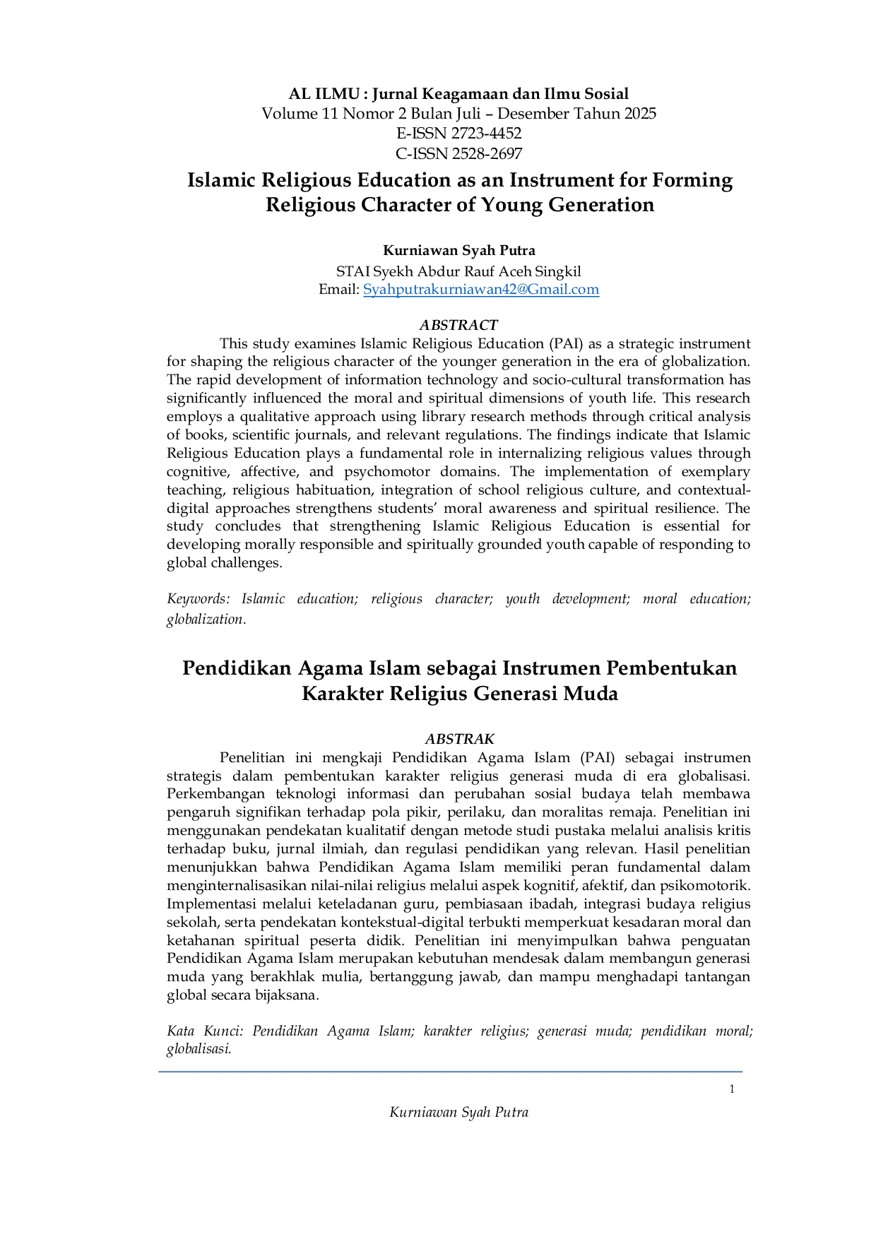 JURIS Islamic Religious Education as an Instrument for Forming Religious Character of Young Generation