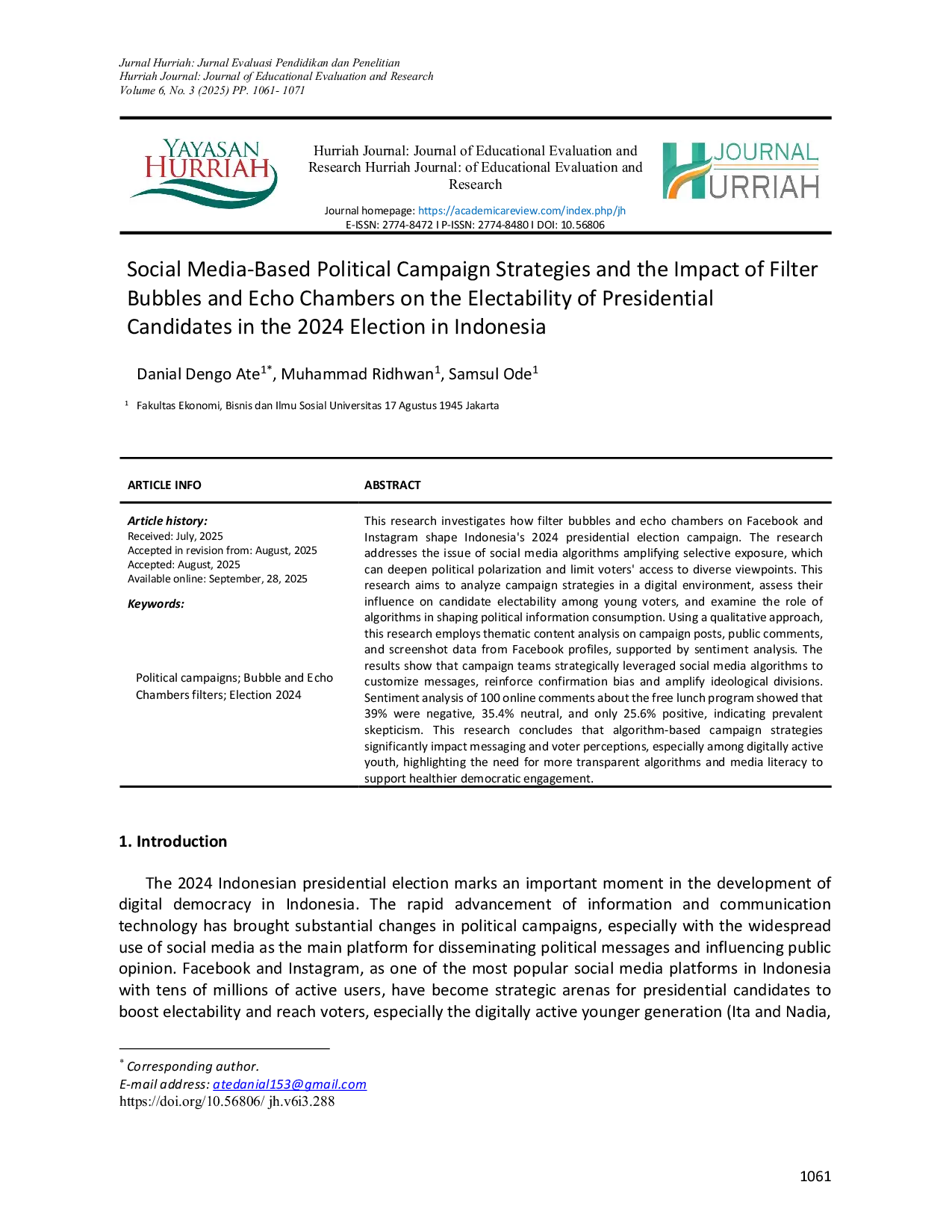 JURIS Social Media Based Political Campaign Strategies and the Impact of Filter Bubbles and Echo Chambers on the Electability of Presidential Candidates in the 2024 Election in Indonesia