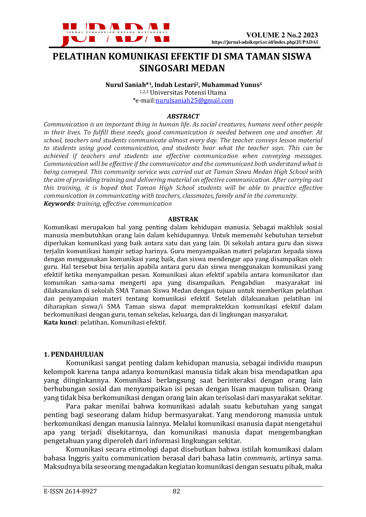 JURIS Pelatihan Komunikasi Efektif Di Sma Taman Siswa Singosari Medan