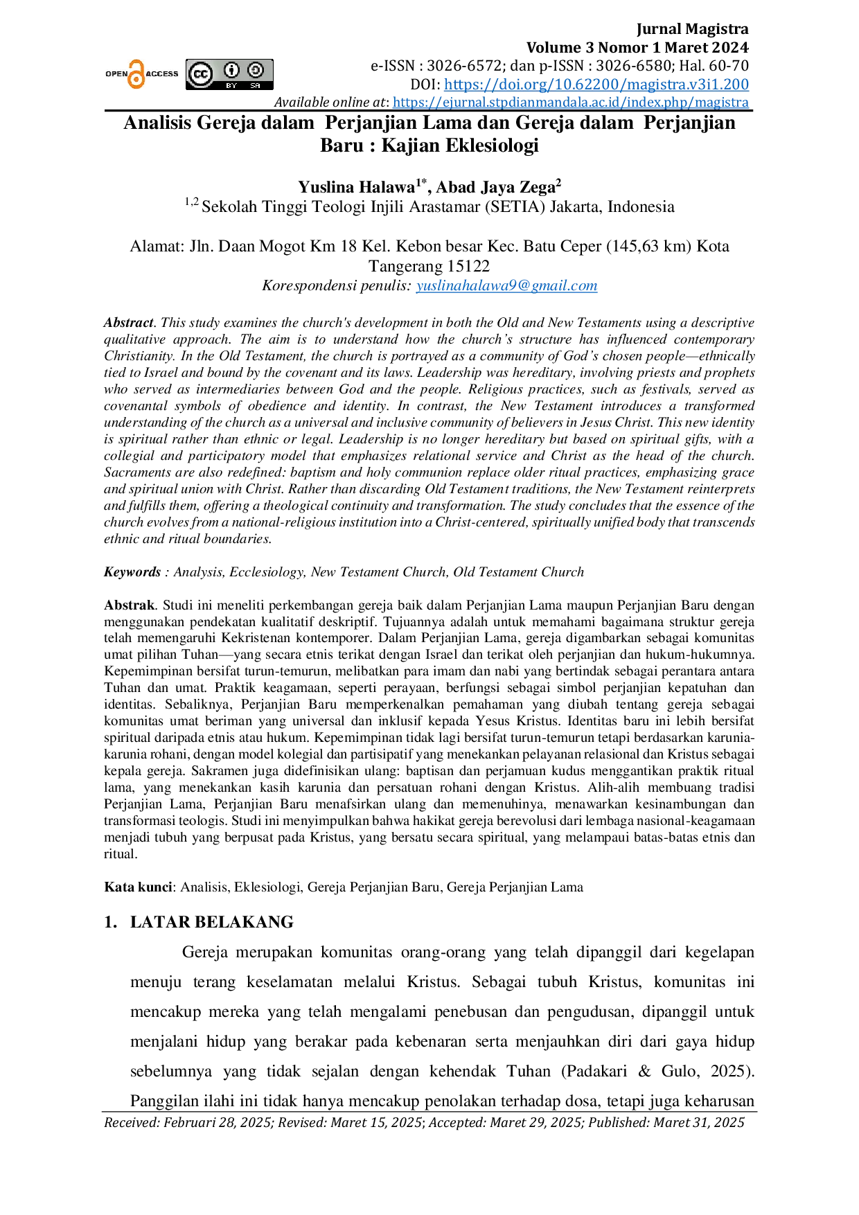 JURIS Analisis Gereja dalam Perjanjian Lama dan Gereja dalam Perjanjian Baru Kajian Eklesiologi