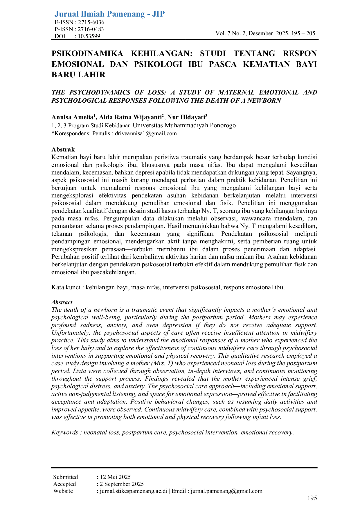 JURIS Psikodinamika Kehilangan Studi Tentang Respon Emosional Dan Psikologi Ibu Pasca Kematian Bayi Baru Lahir