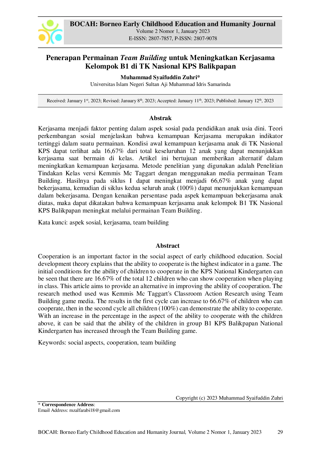 JURIS Penerapan Permainan Team Building untuk Meningkatkan Kerjasama Kelompok B1 di TK Nasional KPS Balikpapan