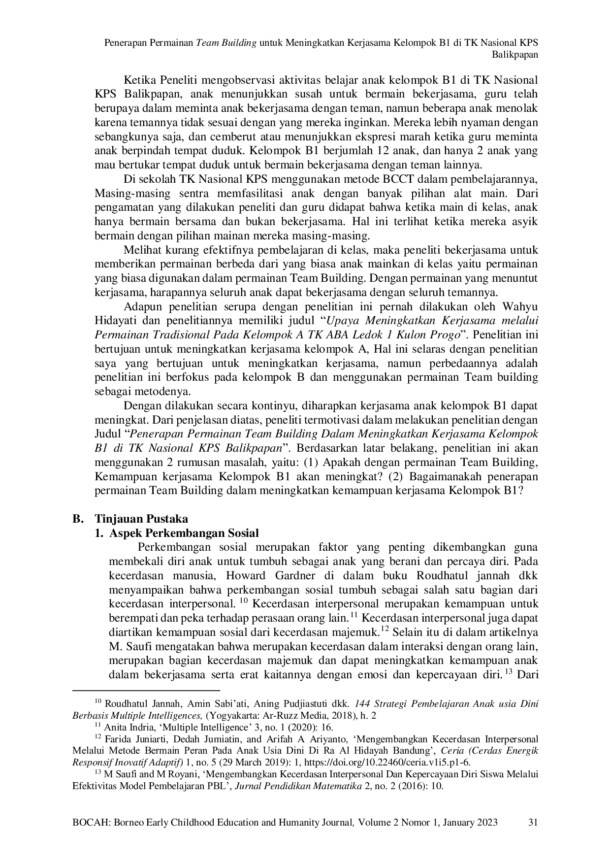 JURIS Penerapan Permainan Team Building untuk Meningkatkan Kerjasama Kelompok B1 di TK Nasional KPS Balikpapan