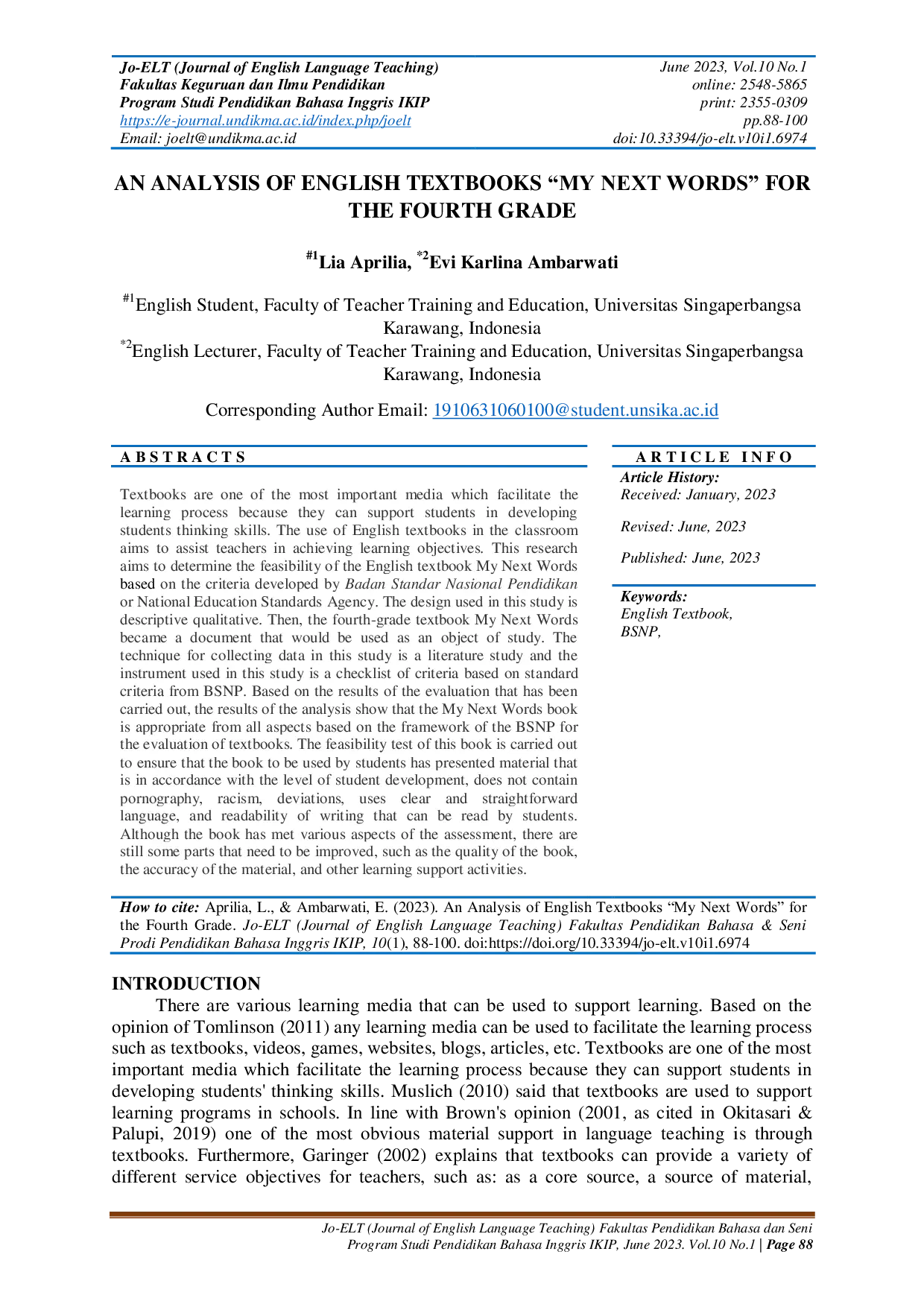 JURIS An Analysis of English Textbooks My Next Words for the Fourth Grade