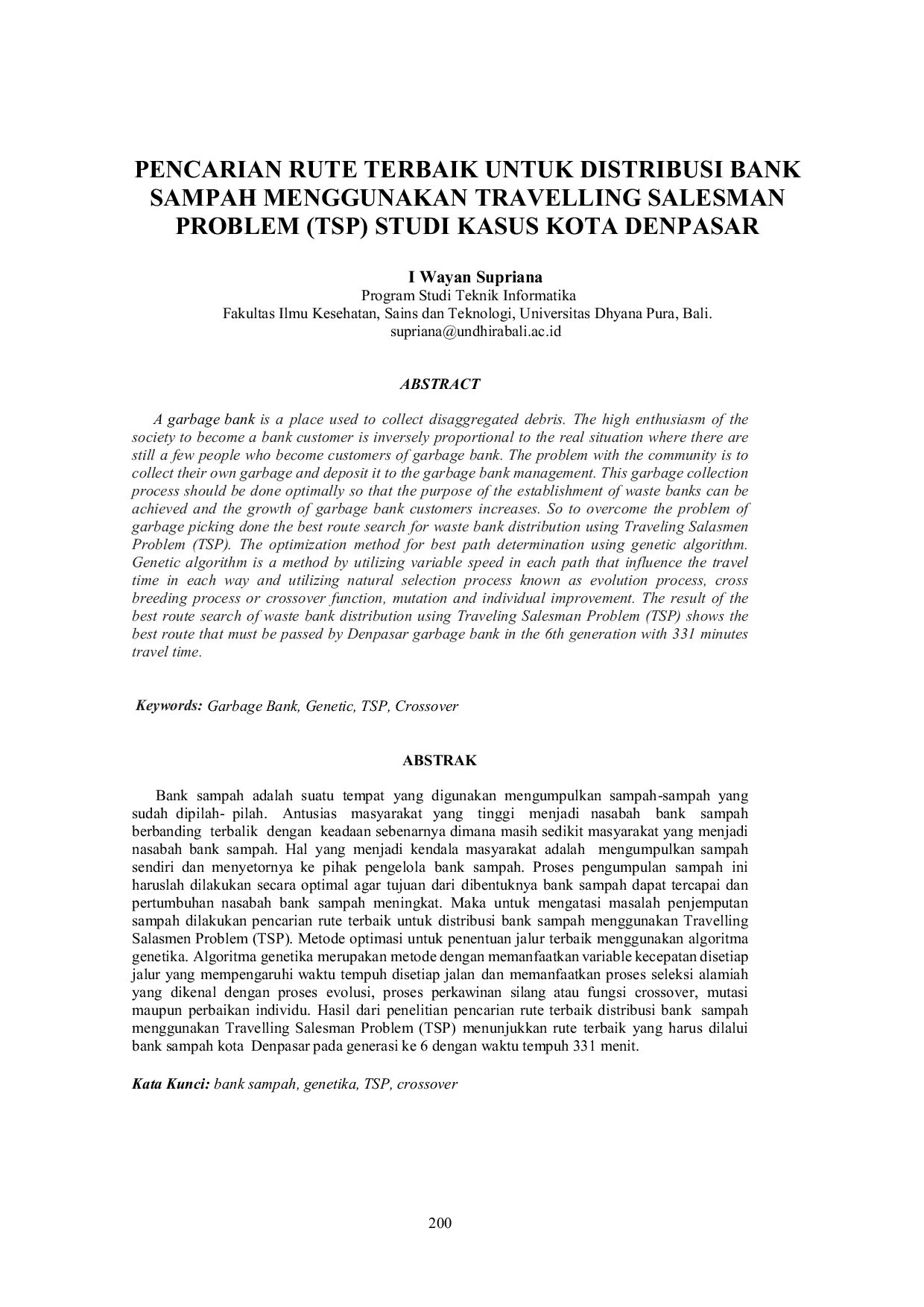 JURIS Pencarian Rute Terbaik Untuk Distribusi Bank Sampah Menggunakan Travelling Salesman Problem TSP Studi Kasus Kota Denpasar