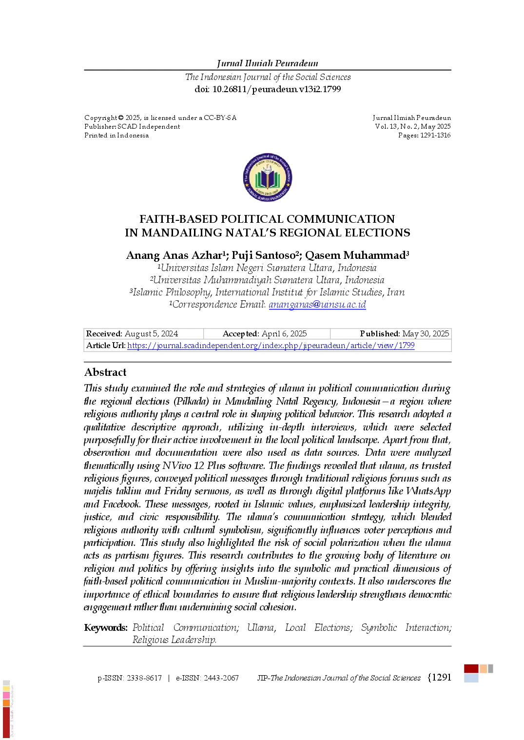 juris Faith Based Political Communication in Mandailing Natal s Regional Elections