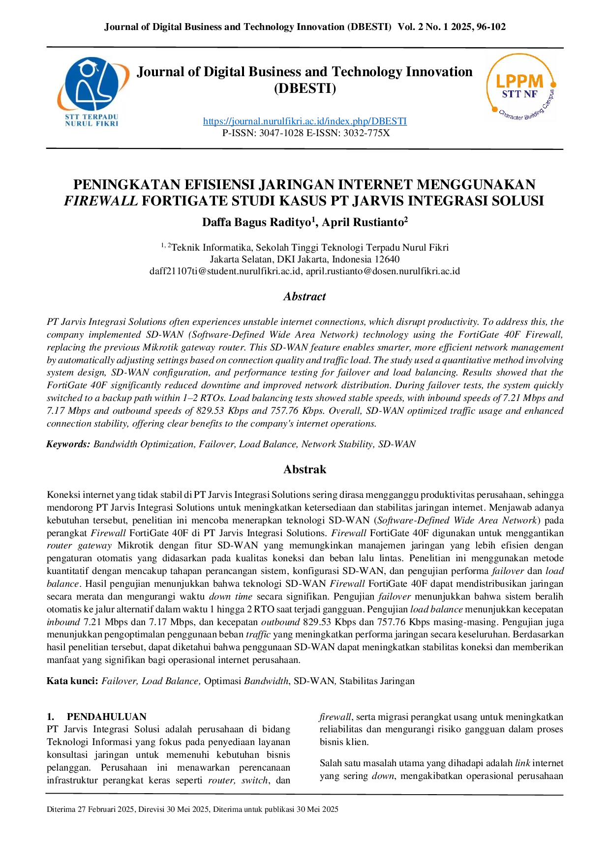 JURIS Improving Internet Network Efficiency Using Fortigate Firewall Case Study PT Jarvis Integrasi Solusi