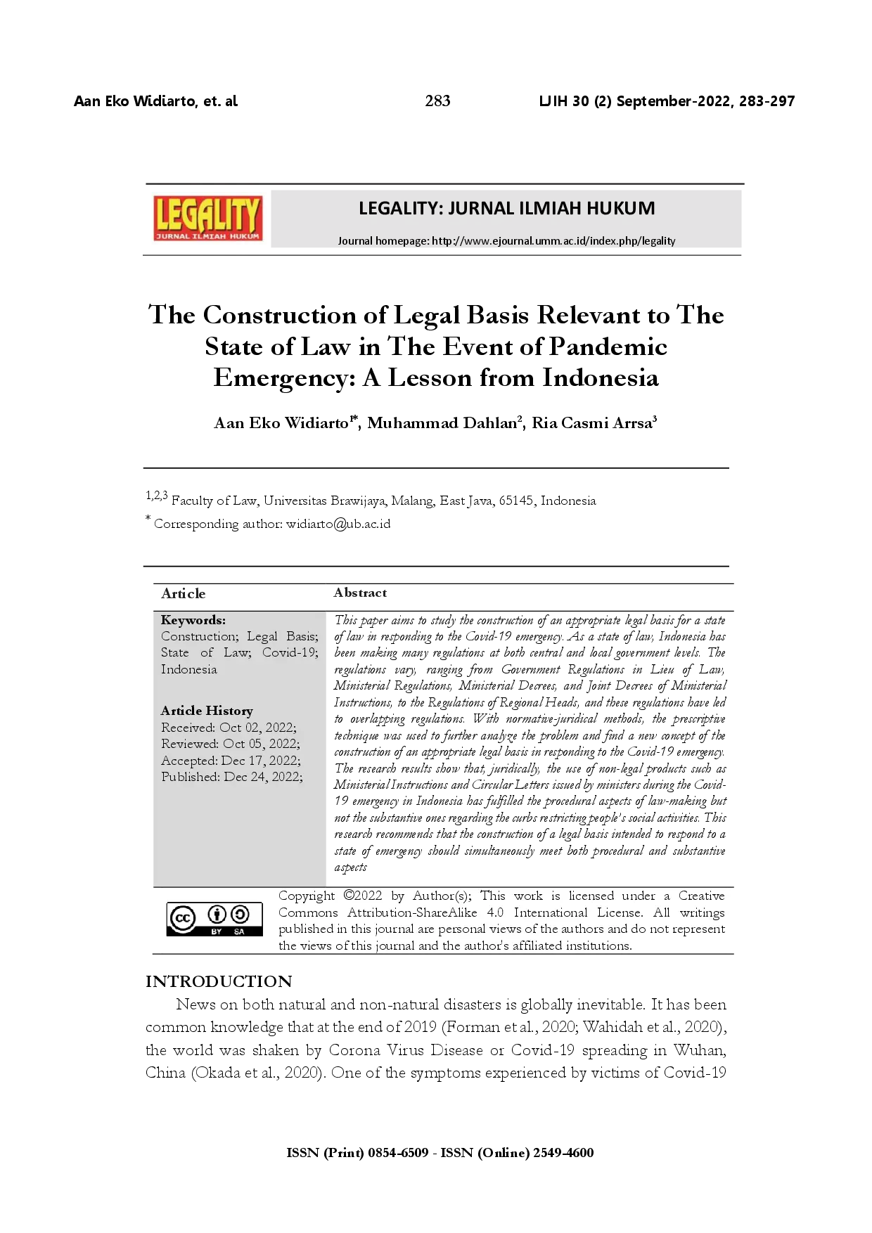 juris The construction of legal basis relevant to the state of law in the event of pandemic emergency a lesson from Indonesia