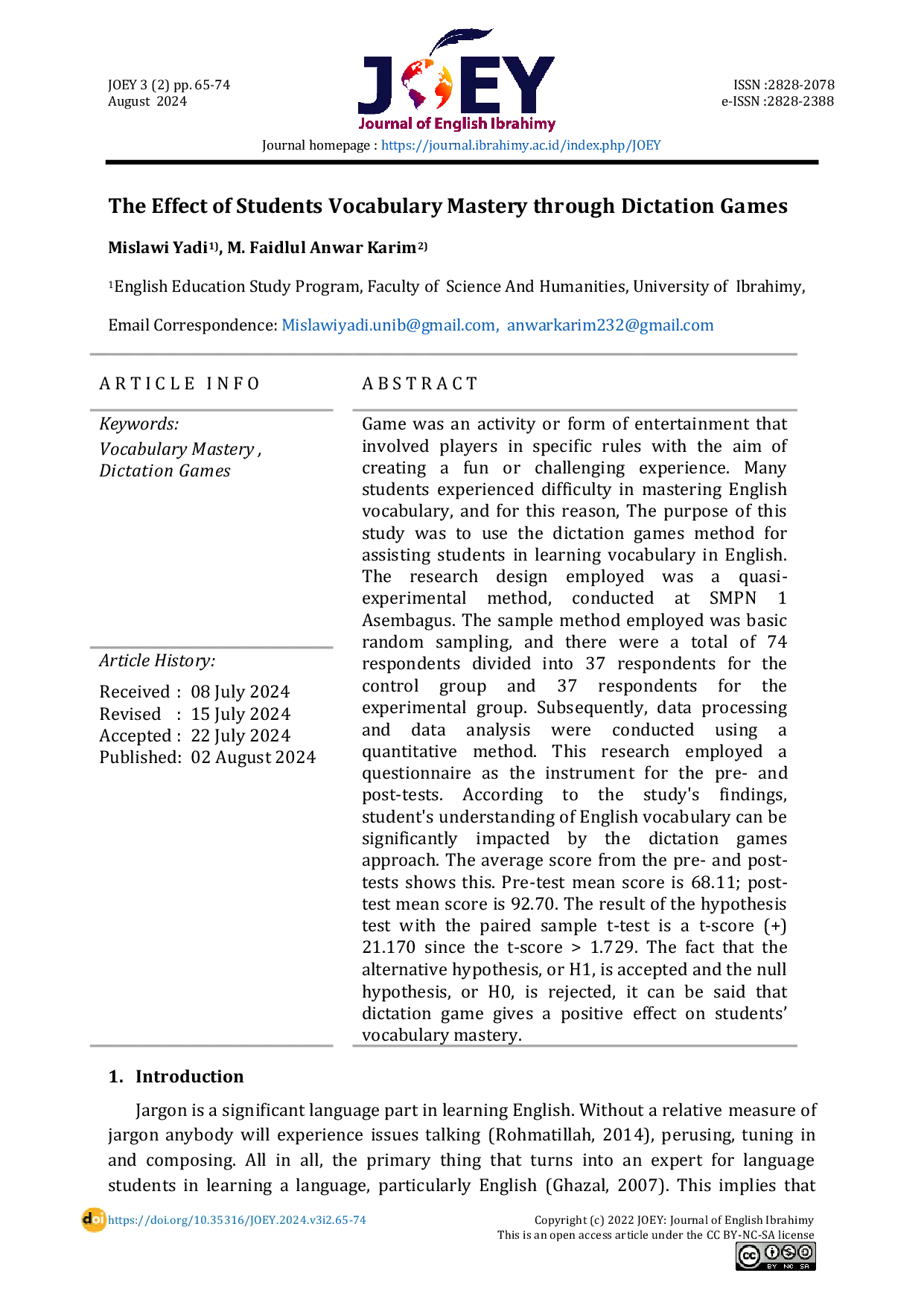 JURIS The Effect of Students Vocabulary Mastery through Dictation Games English